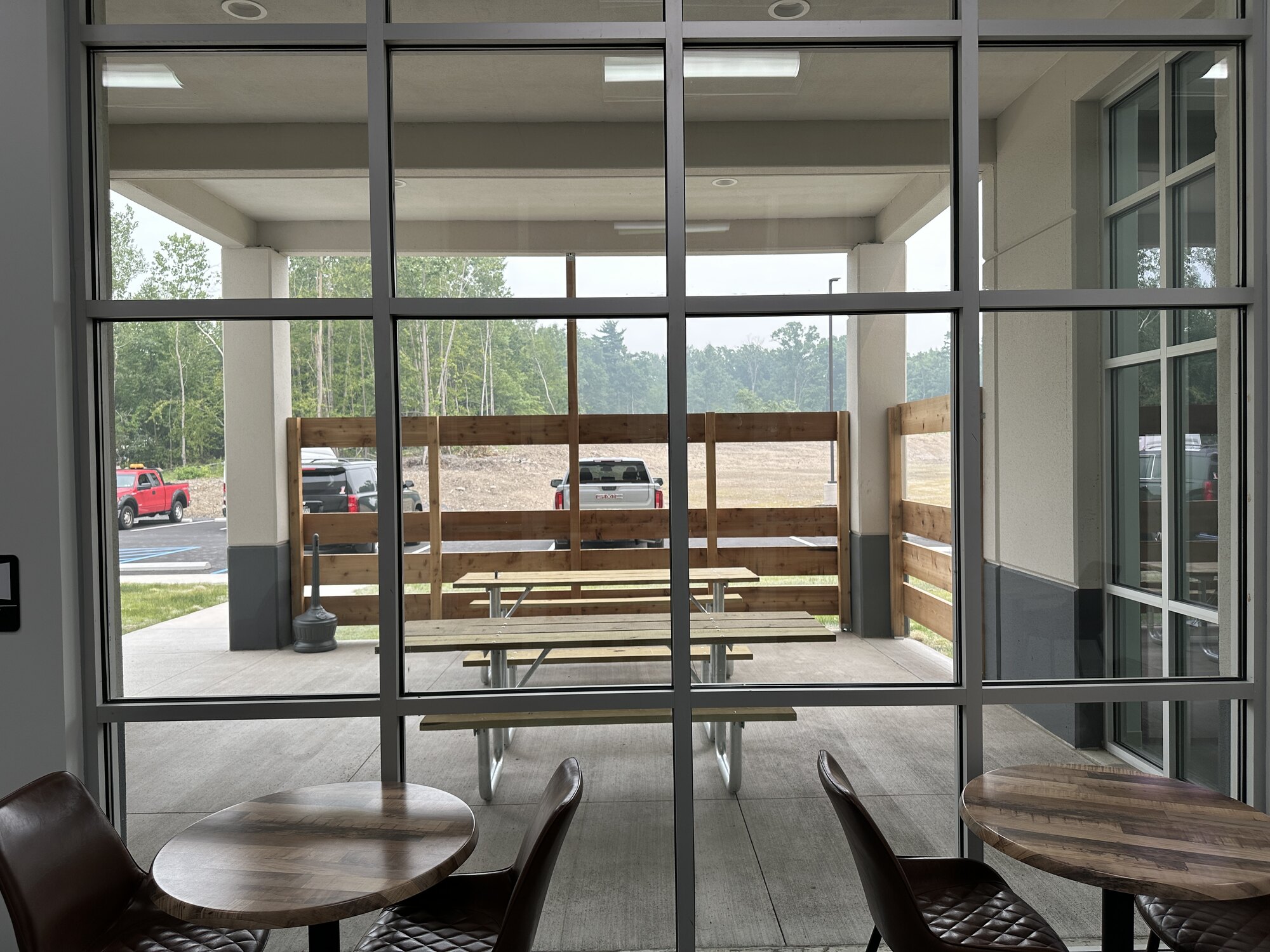 Outdoor patio with picnic tables
