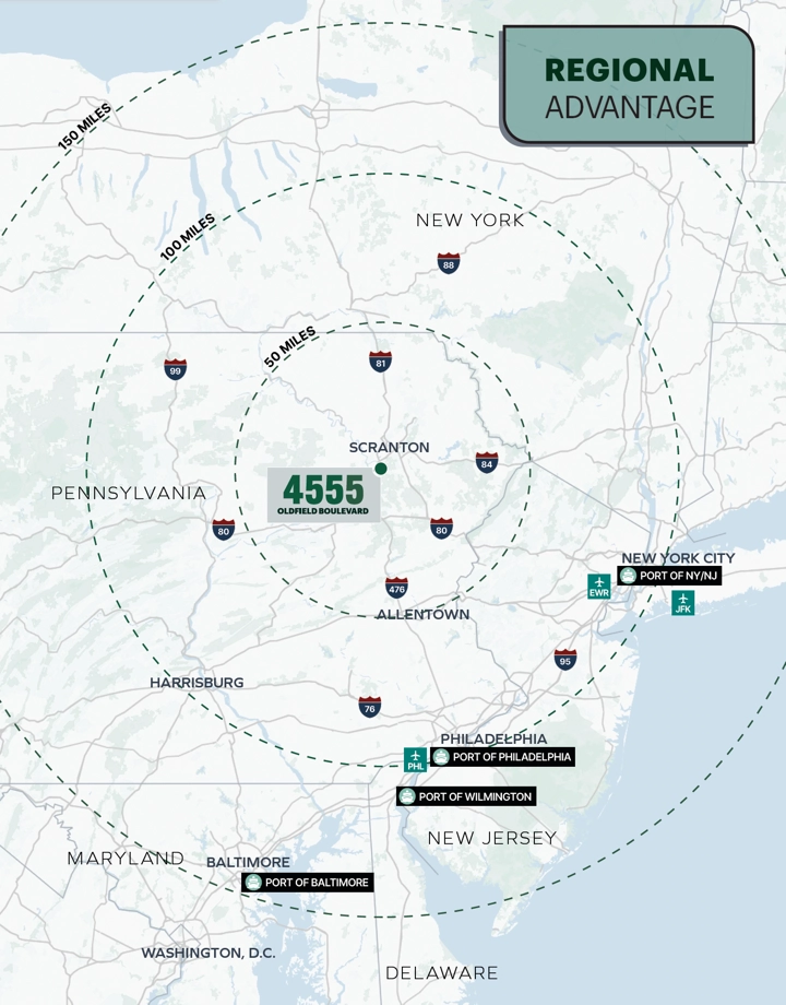 Regional map showing 4555 Oldfield Boulevard and access to NYC, Philadelphia, and Mid-Atlantic markets