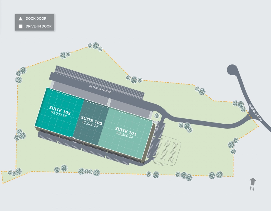 Site plan showing Suite 101 (108,500 SF), Suite 102 (62,000 SF), Suite 103 (93,000 SF) and trailer parking